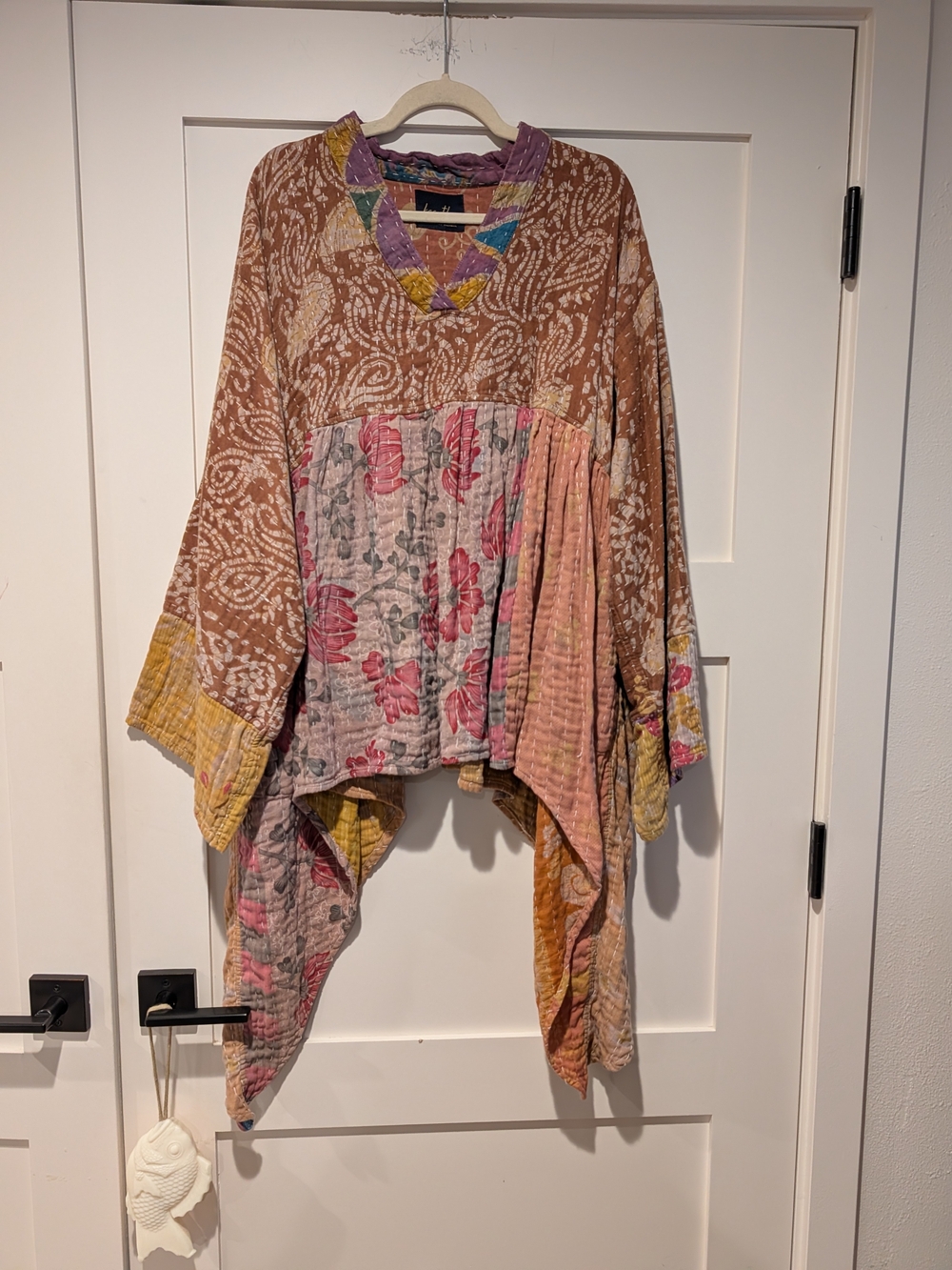 Kantha Karma V Neck Blouse XXL Boho Patchwork Hand Stitched